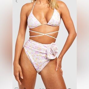 boohoo floral print rose accent high waisted string bikini